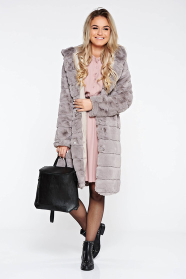 Grey fur elegant from ecological fur with inside lining with pockets