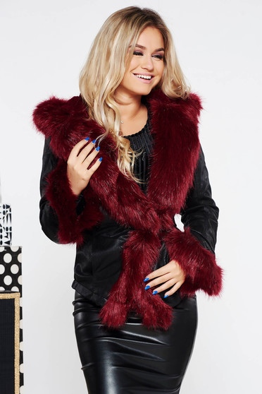 Short cut arched cut jacket from ecological leather burgundy with faux fur lining