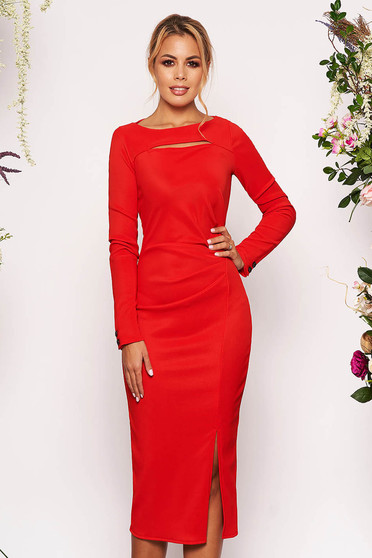 StarShinerS red scuba pencil dress long sleeved cut-out bust design