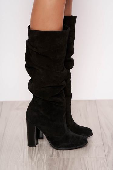 Black casual boots chunky heel natural leather
