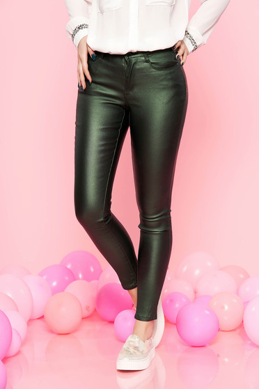 Top Secret green casual trousers with medium waist from shiny fabric with tented cut