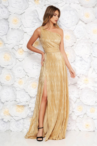 Gold occasional dress slightly elastic fabric folded up with metallic aspect with inside lining one shoulder