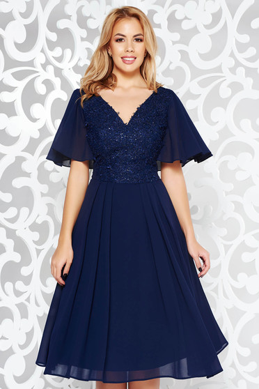 Darkblue occasional cloche dress voile fabric with inside lining lace and sequins details with 3d effect