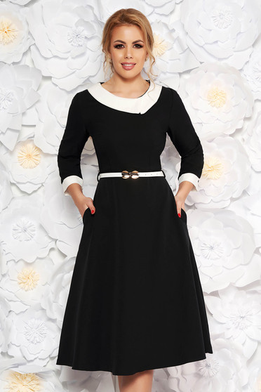 Black elegant cloche dress slightly elastic fabric accessorized with belt