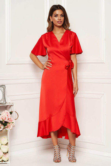 Red occasional wrap around dress non-flexible thin fabric with ruffles at the buttom of the dress