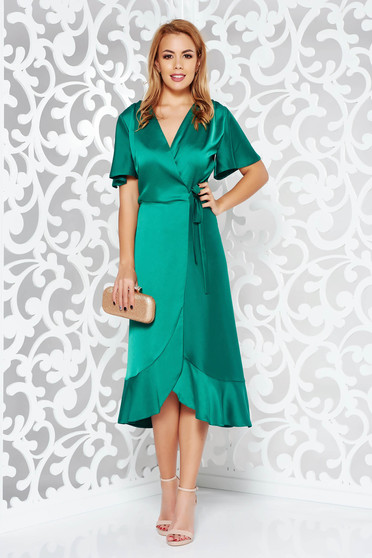 Green occasional wrap around dress non-flexible thin fabric with ruffles at the buttom of the dress