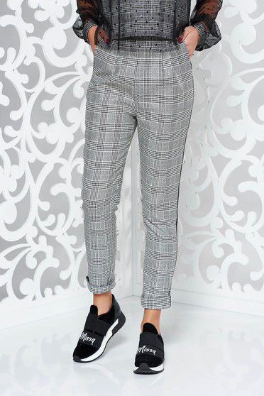Fofy grey casual conical high waisted trousers from non elastic fabric plaid fabric with pockets
