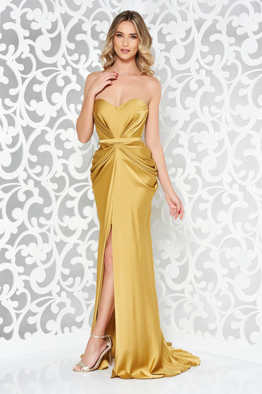 Ana Radu luxurious off shoulder dress from satin fabric texture with push-up bra accessorized with tied waistband mustard