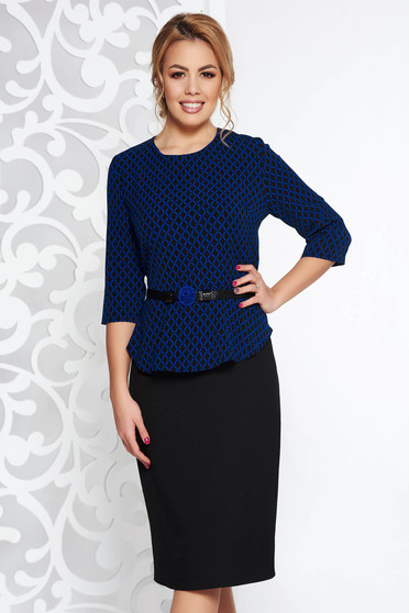 Darkblue elegant pencil dress frilled slightly elastic fabric accessorized with tied waistband