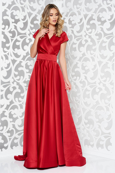 Ana Radu burgundy long luxurious cloche dress from satin fabric texture accessorized with tied waistband