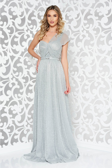 Ana Radu silver luxurious dress with inside lining accessorized with tied waistband shimmery metallic fabric long