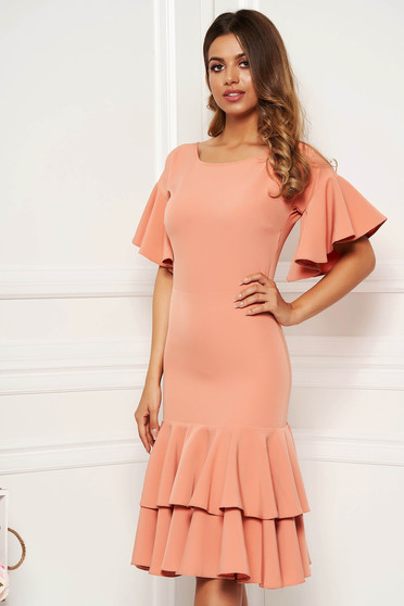 Peach elegant midi short sleeves dress slightly elastic fabric with ruffles at the buttom of the dress