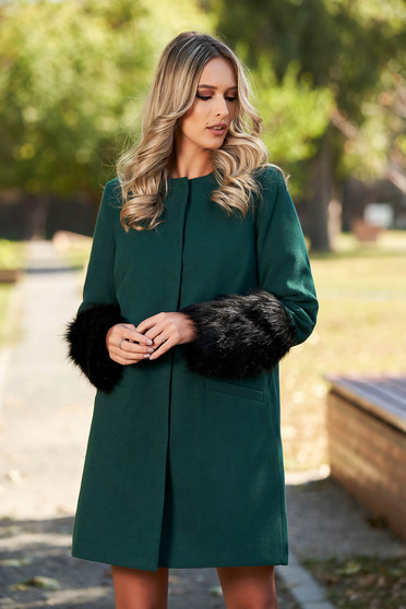 LaDonna green elegant straight wool coat with faux fur details