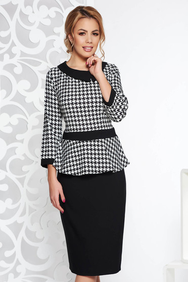 Black elegant pencil dress frilled 3/4 sleeve slightly elastic cotton