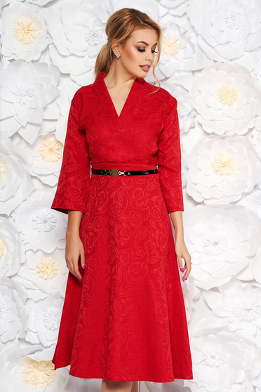 Red elegant cloche dress with v-neckline from non elastic fabric accessorized with belt