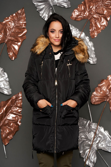 Black casual from slicker jacket with inside lining with undetachable hood with faux fur accessory