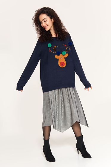 Top Secret darkblue casual knitted fabric sweater with easy cut with tassels
