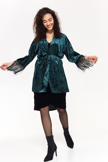 Top Secret green flared from velvet jacket with fringes accessorized with tied waistband