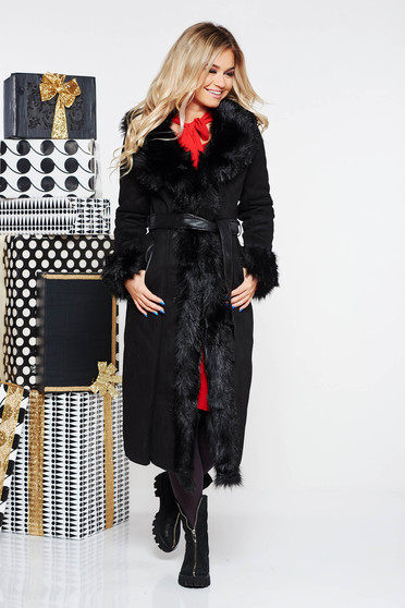 SunShine black jacket from ecological suede with straight cut with pockets accessorized with tied waistband with faux fur lining