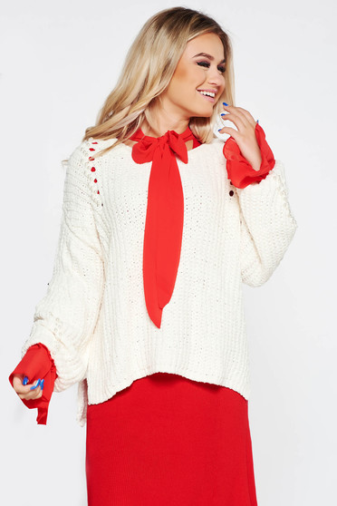 SunShine white casual flared sweater knitted fabric from velvet fabric with pearls