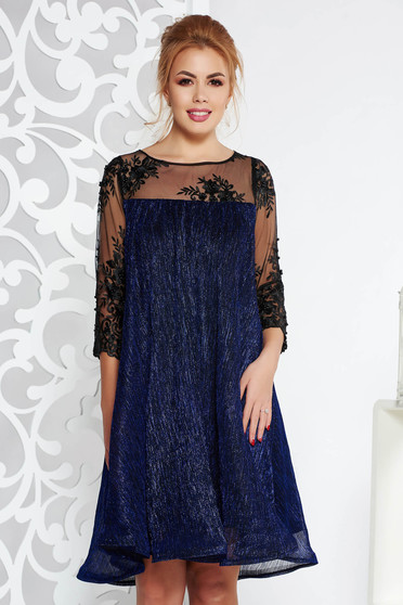 Artista darkblue occasional flared dress thin fabric with inside lining with laced sleeves with lame thread