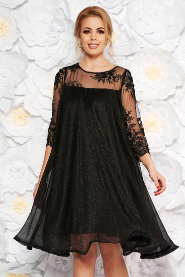 Artista black occasional flared dress thin fabric with inside lining with laced sleeves with lame thread