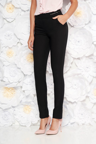 Fofy black office conical trousers with medium waist with pockets slightly elastic fabric metallic details