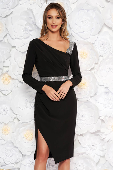 Black occasional midi pencil dress slightly elastic fabric with inside lining accessorized with tied waistband