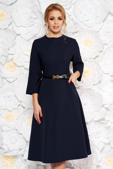 Darkblue office cloche dress slightly elastic cotton with pockets accessorized with belt