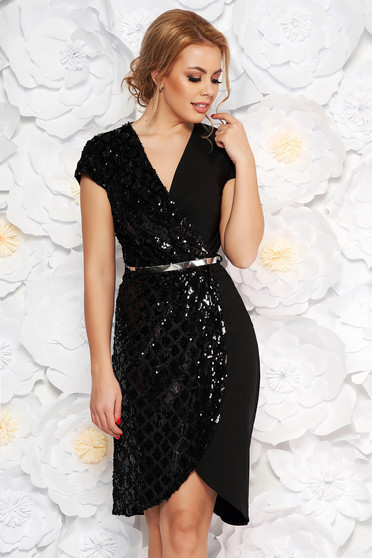 Black occasional dress with v-neckline slightly elastic cotton with sequin embellished details