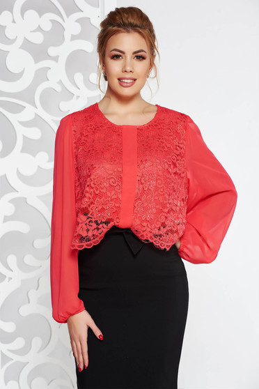 Coral elegant from veil fabric flared women`s blouse lace overlay