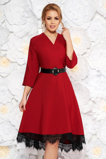 Burgundy elegant cloche dress from non elastic fabric with lace details accessorized with belt
