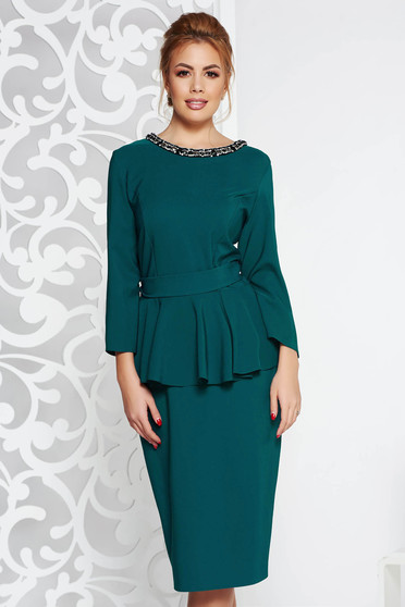 Green elegant midi dress slightly elastic fabric frilled with crystal embellished details accessorized with tied waistband