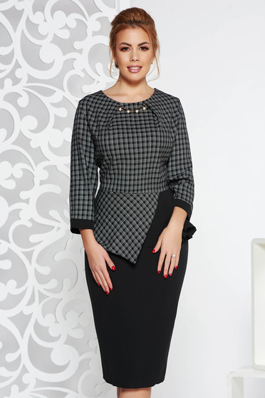 Black elegant pencil dress slightly elastic fabric with frilled waist metallic details