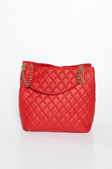 Red office bag natural leather metallic chain accessory