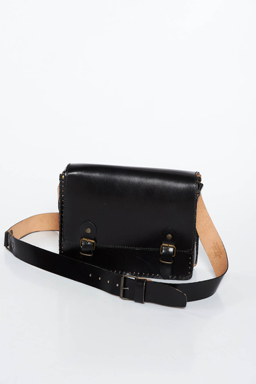 Black casual bag natural leather long, adjustable handle with one internal pocket compartment