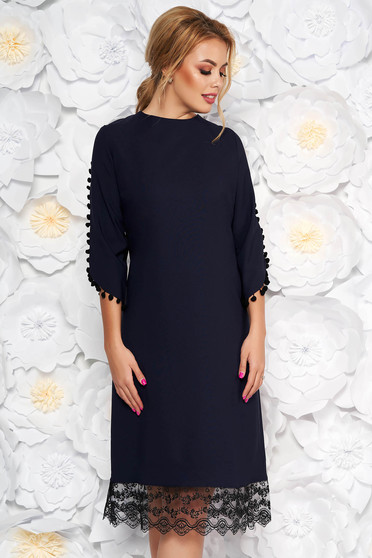 Darkblue elegant straight dress slightly elastic fabric with lace details with tassels