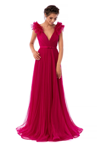 Ana Radu fuchsia luxurious dress from tulle with inside lining with deep cleavage with push-up cups