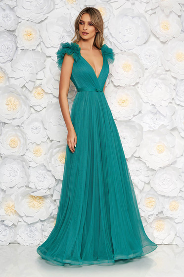 Ana Radu green luxurious dress from tulle with inside lining with deep cleavage with push-up cups