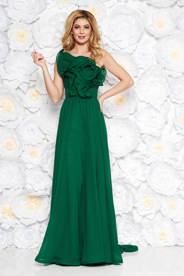 Ana Radu green luxurious dress from veil fabric with inside lining with ruffle details accessorized with tied waistband one shoulder