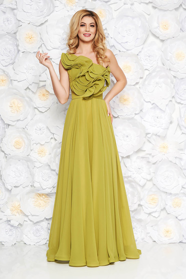 Ana Radu lightgreen luxurious dress from veil fabric with inside lining with ruffle details accessorized with tied waistband one shoulder