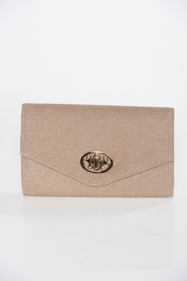 Gold clutch bag from shiny fabric long chain handle