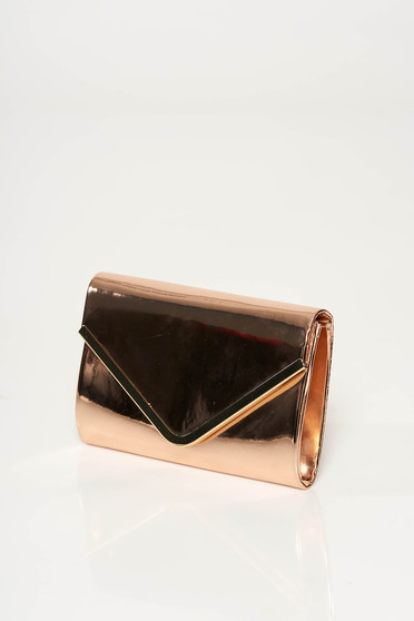 Gold occasional clutch bag from shiny fabric with metalic accessory long chain handle