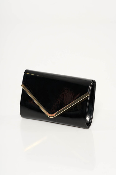 Black occasional clutch bag from shiny fabric with metalic accessory long chain handle