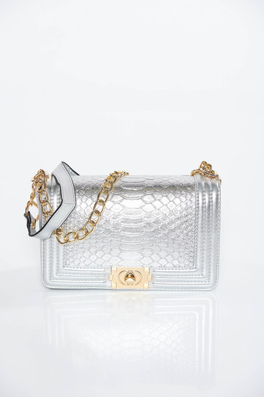 Silver bag casual from ecological leather with metallic aspect long chain handle