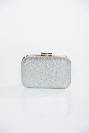 Silver occasional clutch bag with metallic aspect long chain handle