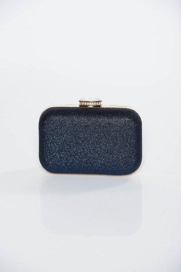 Darkblue occasional clutch bag with metallic aspect long chain handle