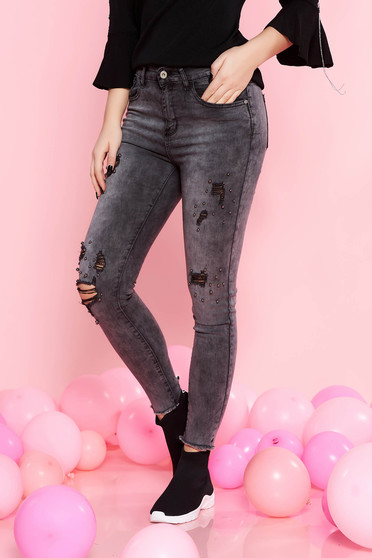 SunShine darkgrey casual skinny cotton jeans with small beads embellished details with pockets