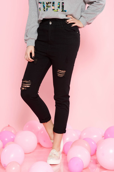 SunShine black casual high waisted cotton jeans with pockets with ruptures