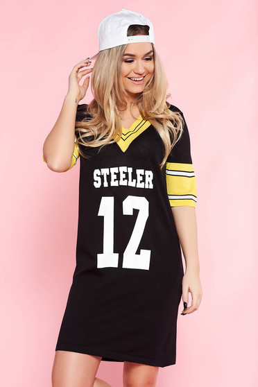 SunShine black casual flared dress from elastic fabric with v-neckline